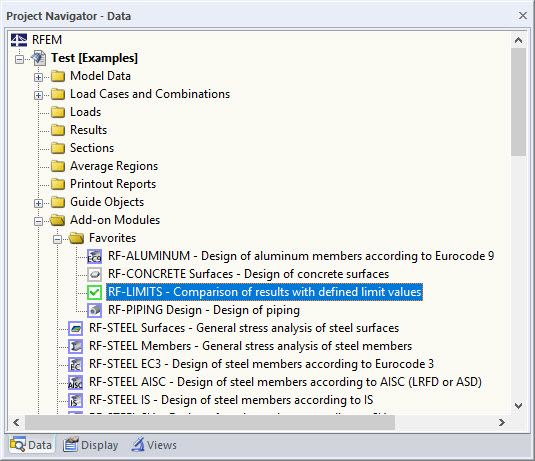 Data navigator with the selected RF-LIMITS add-on module